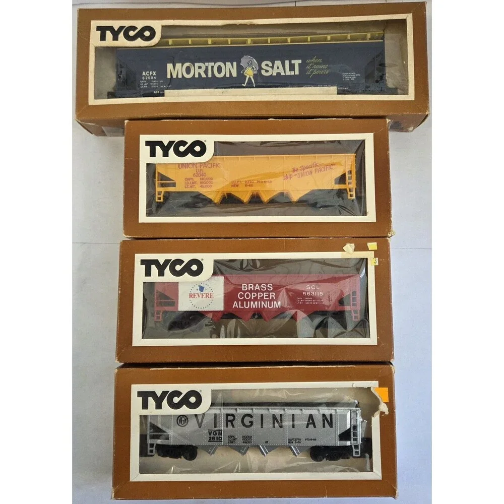 TYCO HO Scale Hopper Car Lot of 4, Morton Salt, Union Pacific, Revere, Virginian